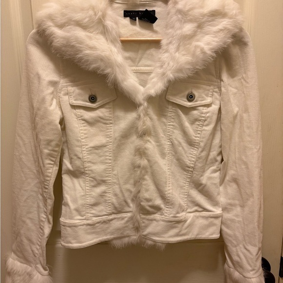 Vintage Y2K Sheri Bodell Corduroy White 100% Rabbit Fur Trim Jacket Sz XS - Picture 1 of 16